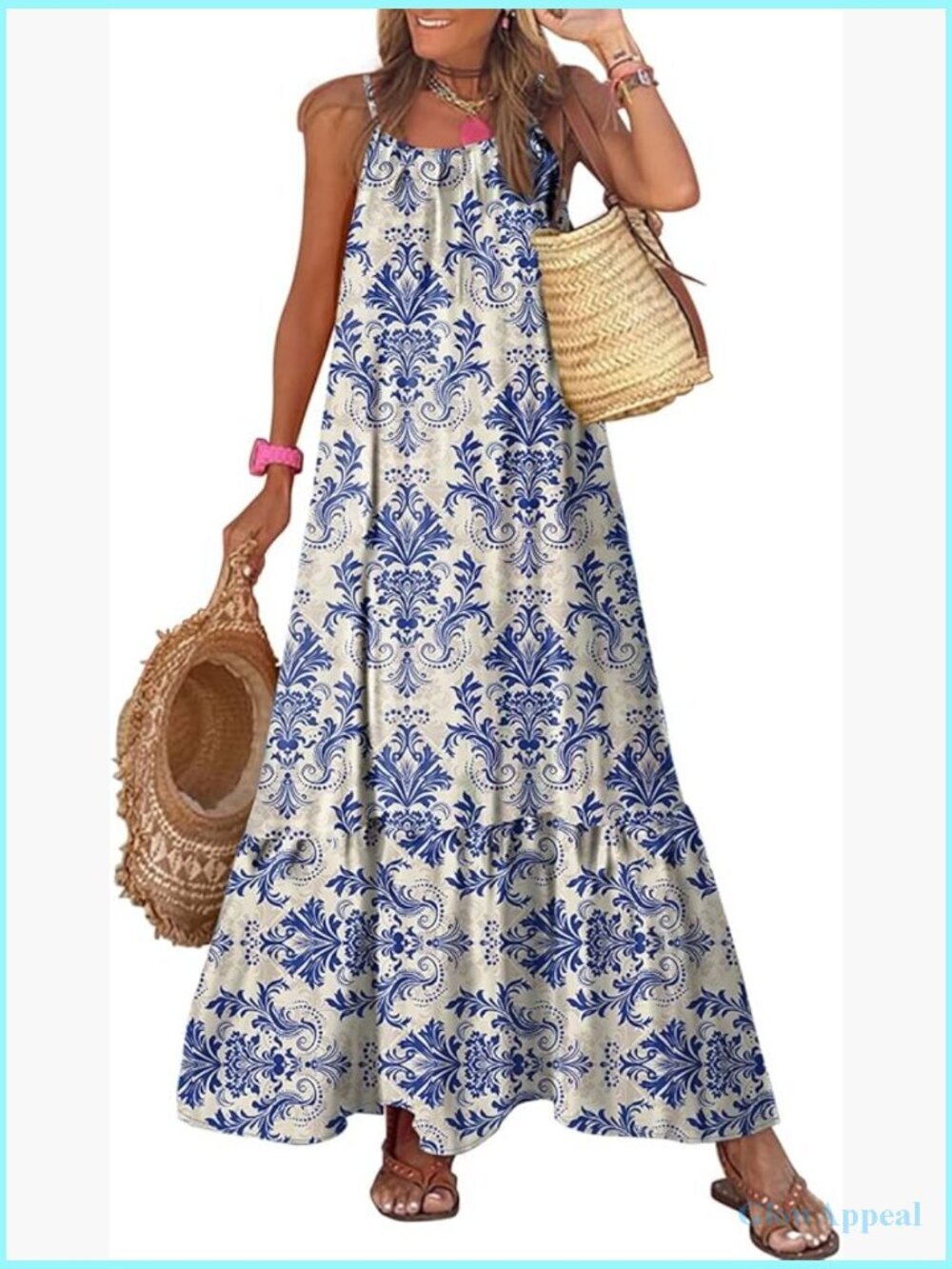 Spaghetti Strap Smocked Ruffle Flowy Boho Maxi Dress
